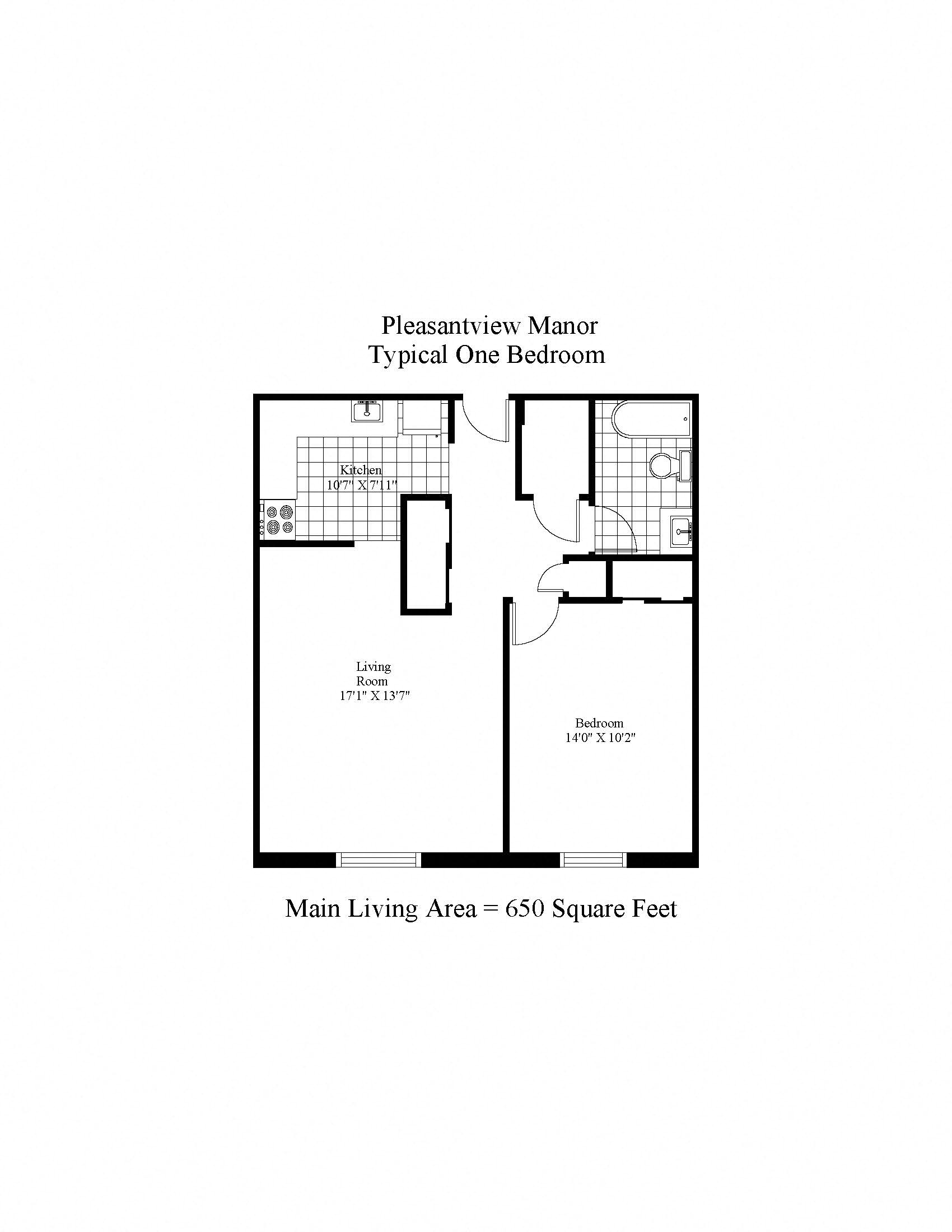 Floor plan for 1 bed, 1 bath, 650 sqft